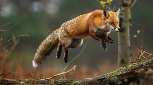 Graceful fox leaping over forest log in early autumn daytime scene