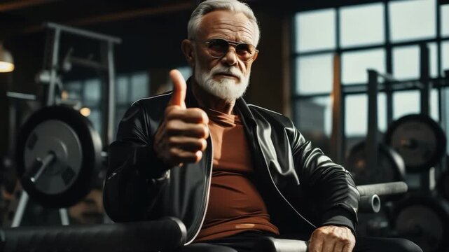 Confident elderly man giving thumbs up in gym setting with weights in background