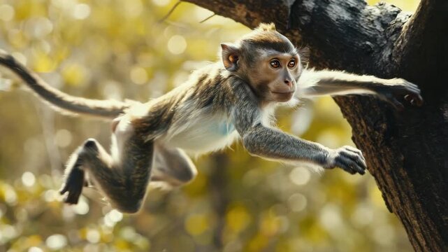Agile monkey leaping between branches in vibrant jungle habitat
