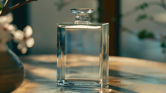 Video A clear glass bottle sits on top of a rustic wooden table, perfect for displaying decorative items or as a props for still-life