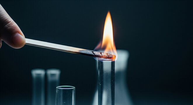 Igniting the Science: A hand carefully ignites a burning matchstick over a test tube in a laboratory, symbolizing the spark of discovery and the exploration of scientific principles.