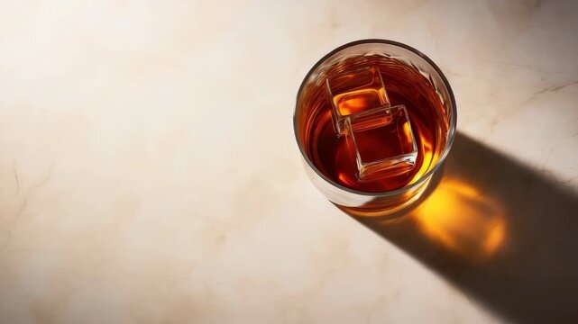 Smooth rotation of whiskey glass casting defining shadows on marble surface