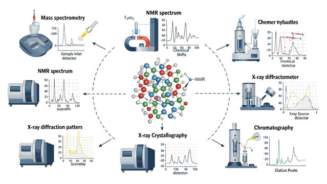 A comprehensive diagram illustrating various analytical techniques such as mass spectrometry, NMR, X-ray diffraction, and chromatography used for molecular characterization.