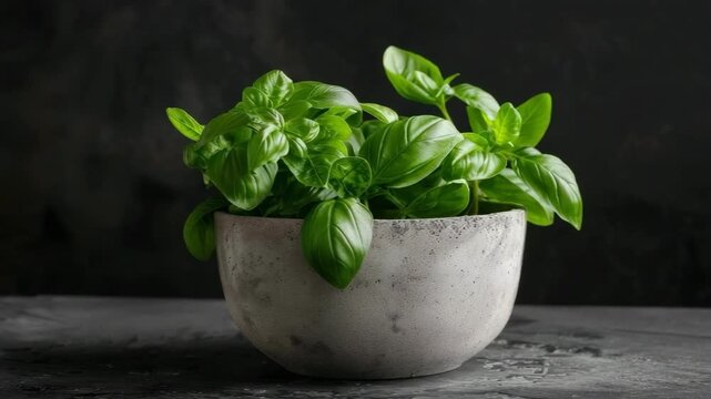 Rotating basil plant in concrete pot on dark background showcasing vibrant leaves