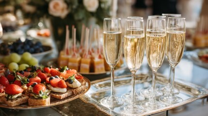 Fototapeta premium Elegant celebration with champagne flutes and fresh fruit desserts.