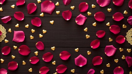 Luxurious Velvet Rose Petals Scattered Artistically with Gold Hearts on Dark Wood, Gigapixel Standard V2 4x
