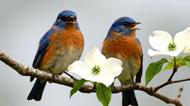Two vibrant Eastern Bluebirds perch on a dogwood branch adorned with white blossoms, interacting in a serene spring garden. Perfect for nature documentaries, wildlife conservation,