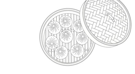 Line Art Illustration of Xiao Long Bao Soup Dumplings in Bamboo Steamer for Coloring Page