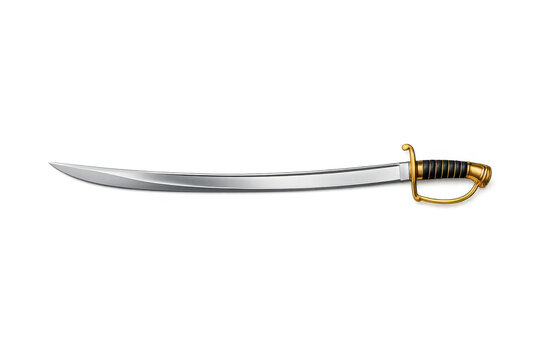 Elegant curved saber with ornate gold hilt and black grip on a black background