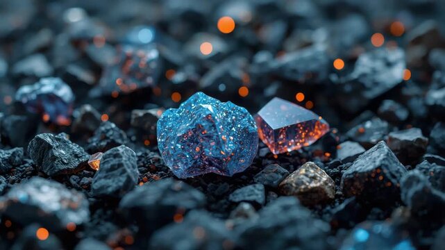 Glowing blue crystal ember on rocky ground with warm bokeh mystical luminescent scene