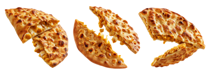 Chickpea flatbread with crispy golden brown texture and cut slices isolated on white background. Concept of Argentina Faina food