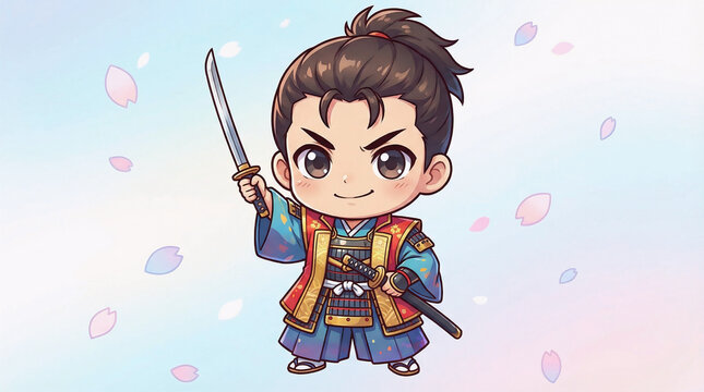 Cute Chibi Samurai Boy Illustration with Katana Sword, Dressed in Traditional Japanese Warrior Attire, Surrounded by Gentle Falling Cherry Blossoms