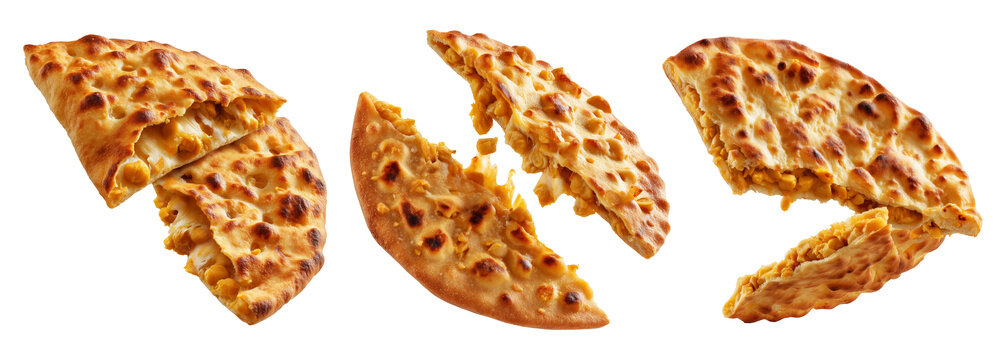 Chickpea flatbread with crispy golden brown texture and cut slices isolated on white background. Concept of Argentina Faina food