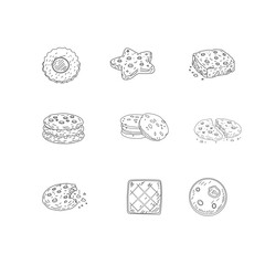 Cookies and Biscuits Doodle Seamless Pattern. Hand Drawn Cookie Illustration Set. Cute Bakery Background Texture