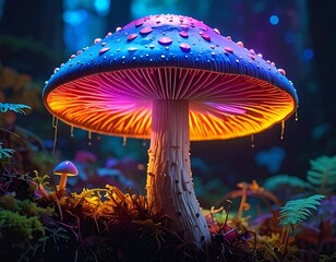 A whimsical mushroom glows in the forest, its cap dappled and colorful, standing on mossy ground