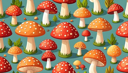 A whimsical scene of toadstools with colorful spotted caps and grass, arranged on a pale blue background