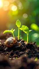 A snail crawls in dark soil toward small green sprouts; bokeh background with sunlight