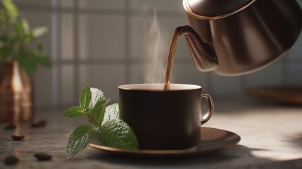 Pour hot coffee into a cup and see the fresh smoke.