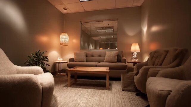 Therapy room lit by adjustable overhead lighting main seating area crisp and clear soft background bokeh blending shadows for calm evening feel.