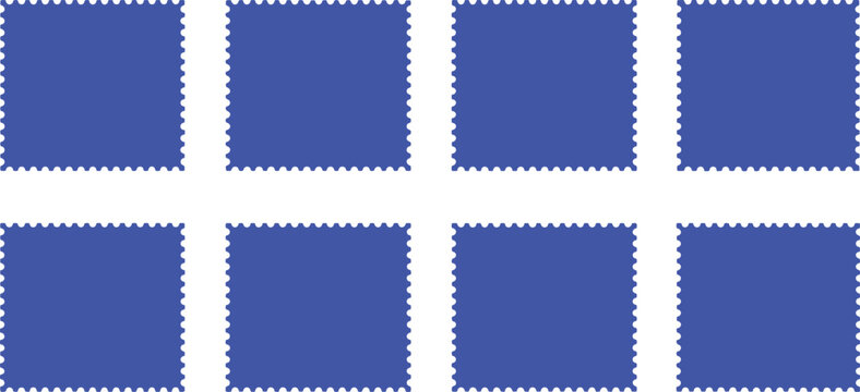 Set of eight identical blue square frames with dotted borders