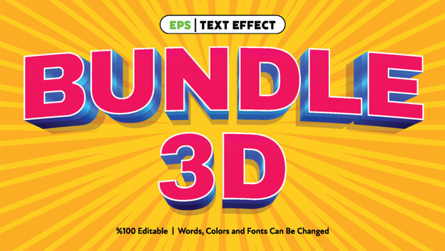 Bright colorful 3d text effect bundle with vibrant pink and blue letters on radiant yellow background glowing with dynamic light rays in bold vector style
