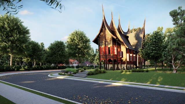 Architectural rendering of Rumah Gadang, modern interpretation of the traditional house of the Minangkabau people features gonjong roof. Related to the fusion of cultural heritage and modern design