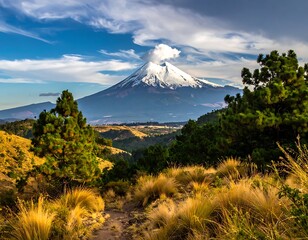 A snow-capped mountain peak, framed by golden grasslands and evergreens, under a blue, partly cloudy sky