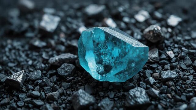 Blue gemstone rough crystal on dark gravel bed with reflective facets moody mineral jewel gemstone