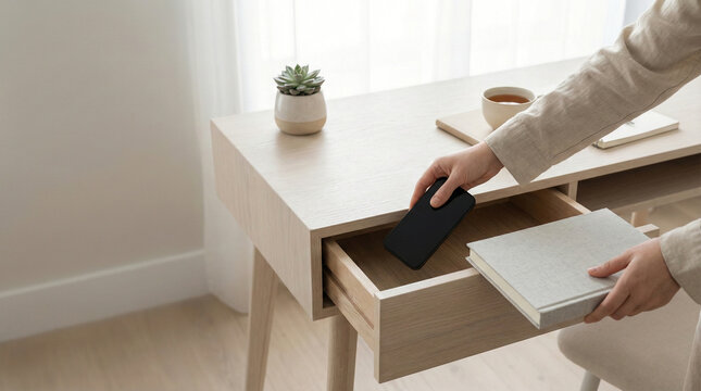 Person Putting Smartphone into Desk Drawer to Avoid Distractions and Focus
