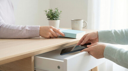 Fototapeta premium Hands Putting Smartphone in Drawer to Read Book for Digital Detox and Focus