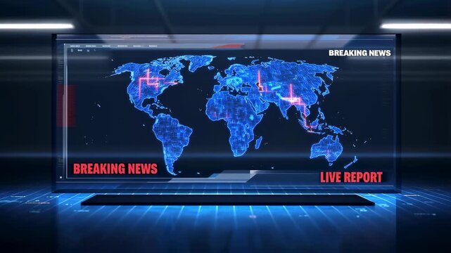 Dynamic world map displaying breaking news and live reports. Visual representation of global news coverage and real-time information dissemination