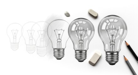 Light bulb drawing progression, from sketch to reality, idea concept