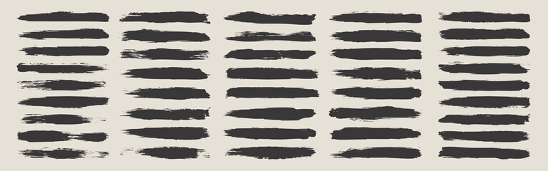 Obraz na płótnie Canvas Long grunge brush strokes, lines, ink smudges, hand-drawn scribble shapes. Handmade sketchy marks acrylic stains, charcoal streaks. Paint textures, brush effect. Marker underline. Vector illustration