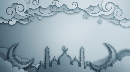 Elegant Ramadan Islamic Background Design with Crescent Moon and Mosque Silhouette