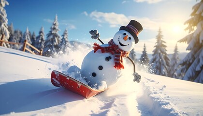 A snowman joyfully snowboards downhill on a sunny, snowy slope with trees in the background