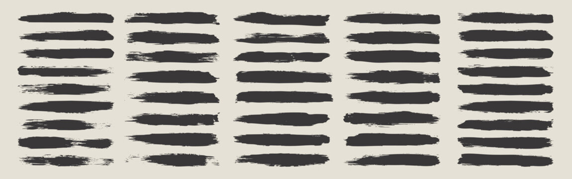 Long grunge brush strokes, lines, ink smudges, hand-drawn scribble shapes. Handmade sketchy marks acrylic stains, charcoal streaks. Paint textures, brush effect. Marker underline. Vector illustration