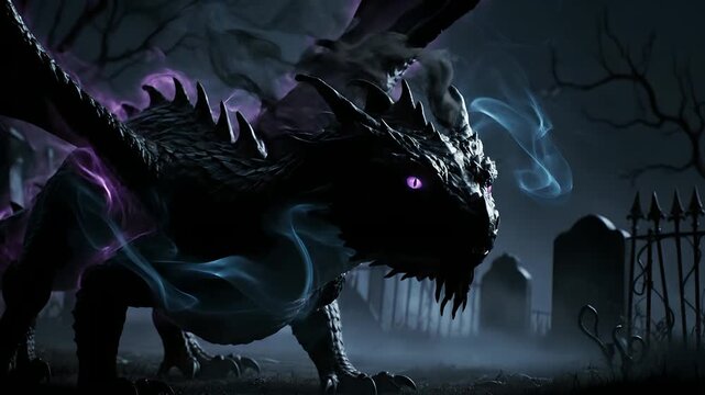 Mythical black dragon with glowing purple eyes emanates magical blue and purple smoke in a dark, misty graveyard. Ideal for fantasy game intros, spooky Halloween content, dark magic themes,