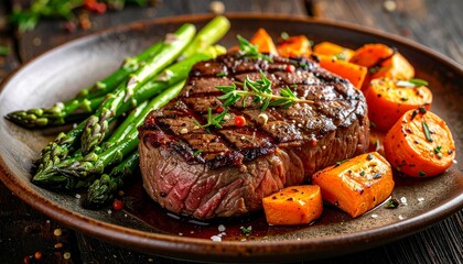 A beautifully cooked steak, perfectly seared and juicy, is the highlight of a rustic plate. Accompanying the steak are vibrant roasted carrots and asparagus, all garnished with fresh herbs. 