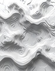Abstract aerial view of a terrain made of layered white material, mimicking a topographical map with intricate curves