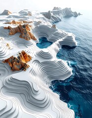Abstract aerial view of coastal terrain with tiered white landforms, golden peaks, and deep blue water