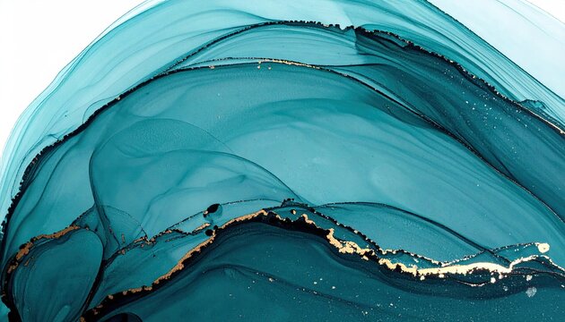 Swirling teal and deep blue ink with metallic gold accents on white