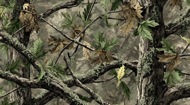 Vector camouflage pattern. Hunting camouflage seamless pattern. Tree barks and leaves hunting camo pattern for accessories.

