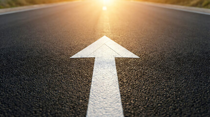 White arrow painted on an asphalt road leading towards a bright sunset horizon symbolizing direction and forward movement for business strategy or travel journey