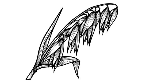 High-contrast black-and-white line drawing of a single feather with intricate barbs and barbules