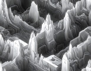 Abstract aerial view of grayscale mountain range with jagged peaks and layered terrain, textured and detailed