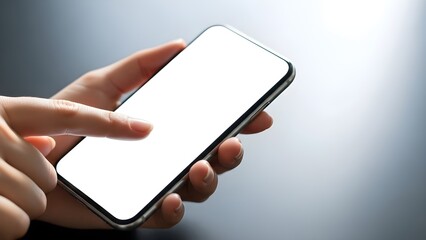Hands holding a contemporary smartphone with a blank white screen, a finger poised to tap, illustrating modern mobile technology, digital interaction, and customizable app display