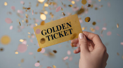 hand hold golden ticket on confetti background