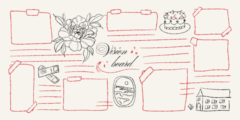 Vision board collage, blank copybook page decorated with doodle flowers and scrapbooking pieces, journal abstract taped notes checkered pattern note background. Vector illustration