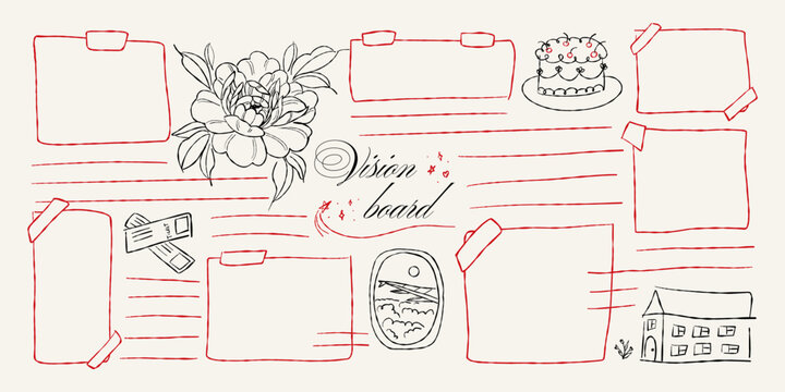 Vision board collage, blank copybook page decorated with doodle flowers and scrapbooking pieces, journal abstract taped notes checkered pattern note background. Vector illustration