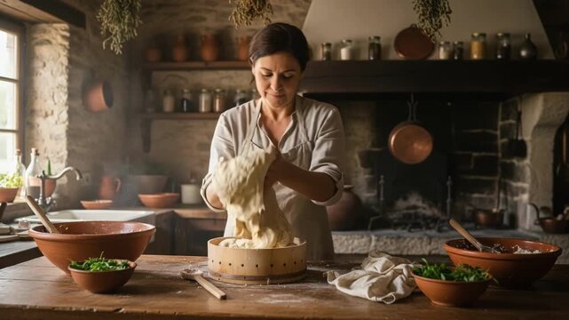 Medium shot of a cheesemaker crafting fresh goat cheese in a rustic kitchen showcasing artisanal techniques and natural ingredients.